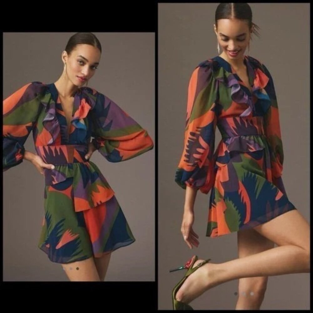ANTHROPOLOGIE HUTCH Peplum Skirt Romper Large Orange Green Blue Botanical $168